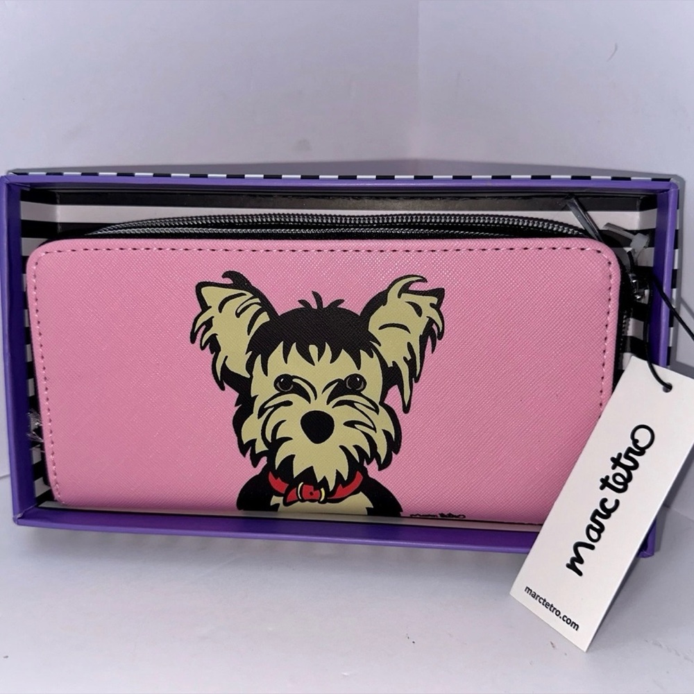 NIB Marc Tetro Large Zip Around Wallet Yorkie Pink Synthetic Saffiano